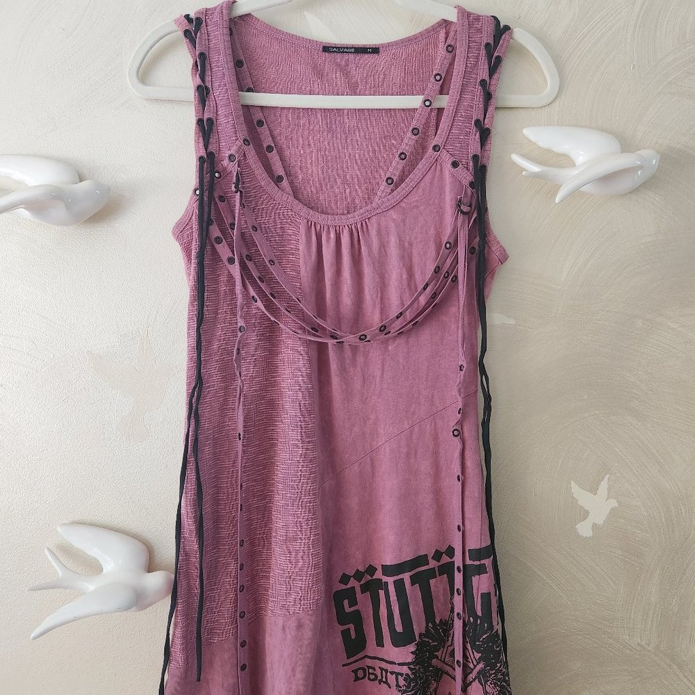 SALVAGE Sleeveless Pink Graphic Tunic with Lace-Up Detail And Grommets.